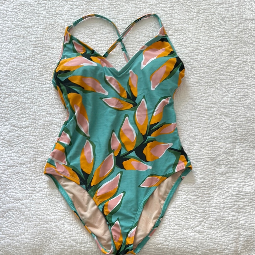 Kona Sol Green and Pink One Piece Swimsuit with Cross-Back Design